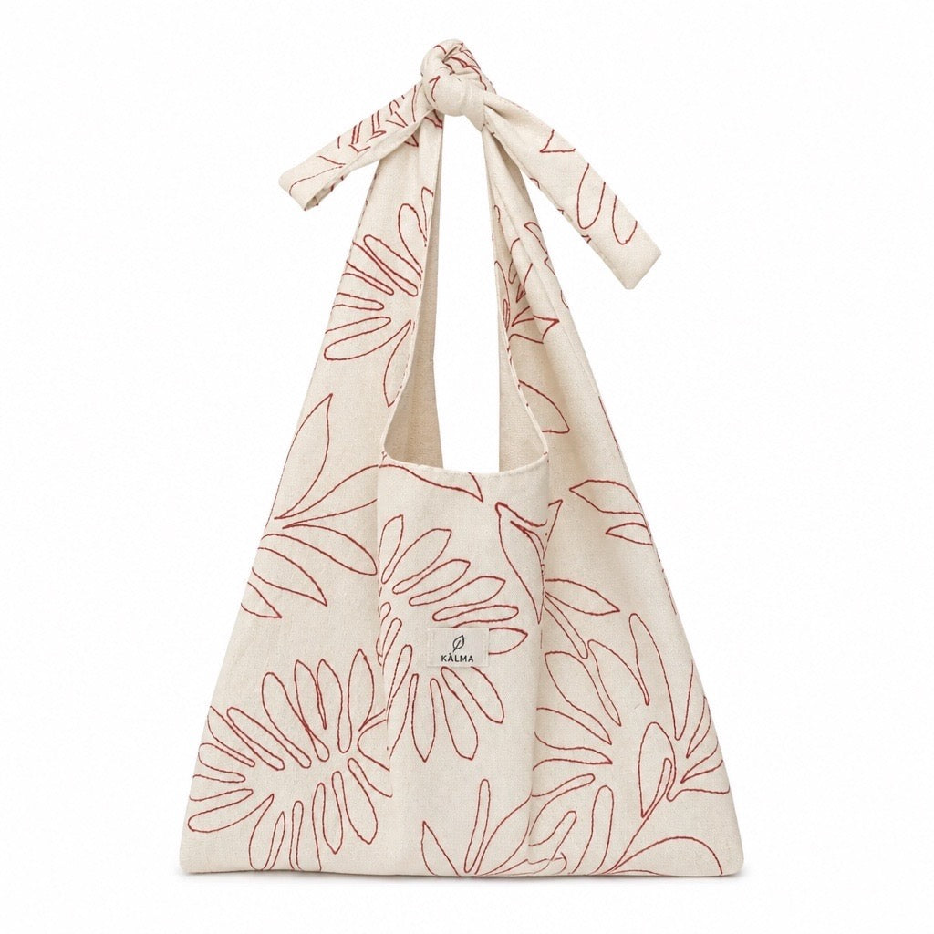 Tote bag crudo flor roja bordada